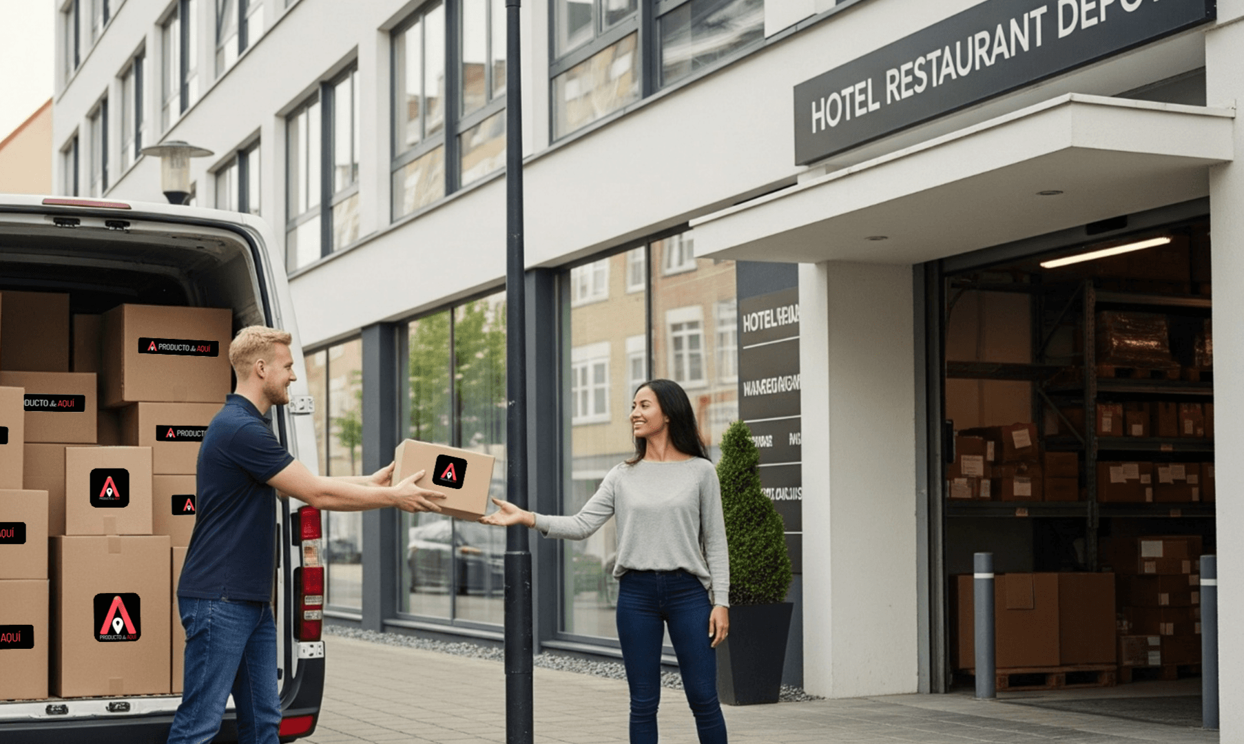 Compres majoristes de producte local de Mallorca i Menorca a Producto de Aquí Camió de Producto de Aquí descarregant producte local de Mallorca i Menorca per a professionals